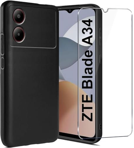 LYJERRY Pellicola Vetro Temperato Per ZTE Blade A34 Custodia Caso Protettiva Leggero Protector Morbido TPU Cover Silicone di gomma Phone Case 9H Vetro Protettiva,Nero