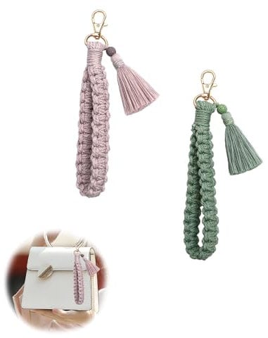 RHQFDM 2 Pieces Boho Keyring Braided Keychain Wrist Lanyard Key Ring Women Tassel Hanging Rope Keychain Macra Keyring Used For Hanging Car Keys And Mobile Phones