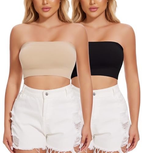 Joyshaper Women's Strapless Seamless Bandeau Top, 2 Pieces Black+Nude L