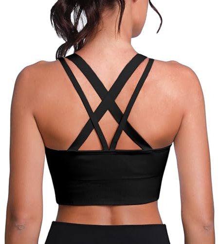 Leversic Sujetadores Deportivos para Mujer Sujetadores de Yoga Acolchados de Corte Largo con Espalda de Tiras para Entrenamiento Gimnasio y Fitness(Negro,L)