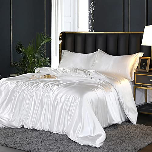 AShanlan Bettwäsche Satin 140x200 Weiß Uni Einfarbig Deckenbezug Glatt Angenehm Glanzsatin Polyester Bettwäsche Set mit Reißverschluss - 1 Bettbezug 140 x 200 + 1 Kissenbezug 70 x 90 cm