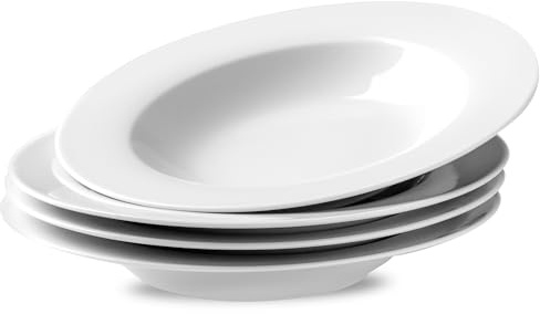 Ceramic Soup Bowls Shallow Plates, Mother's Day 4 Pack White Dinner Bowls Plates, Porcelain Wide Rim, 8.5 (8.5 oz) Shallow Bowls Ideal for Soup Dessert Salad and Pasta, Microwave and Dishwasher Safe