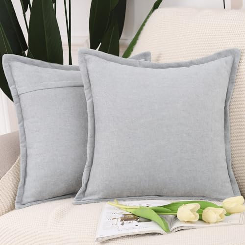Madizz 2er Set Fransen Chenille Schlicht Zierkissenbezüge Modern Kissenbezug Kissenhülle Sofakissen Lendenkissen für Sofa Schlafzimmer Hellgrau 40x40 cm