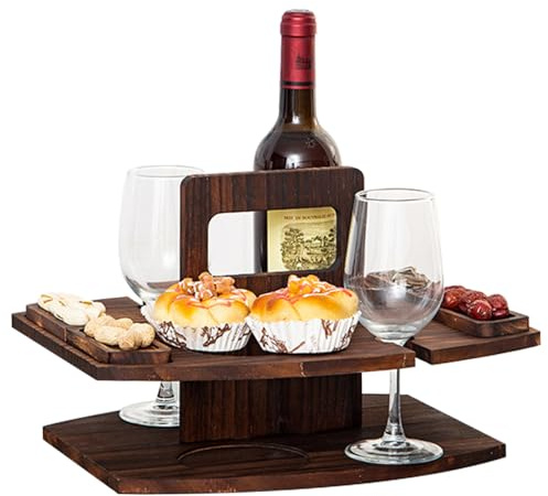 Hperu Picknicktisch tragbarer Picknicktisch Holz Picknicktisch Abnehmbarer Weintisch mit 2 Glashalter und Snackschale, Weinpicknicktisch mit Griff für Picknick, Camping, Typ 2