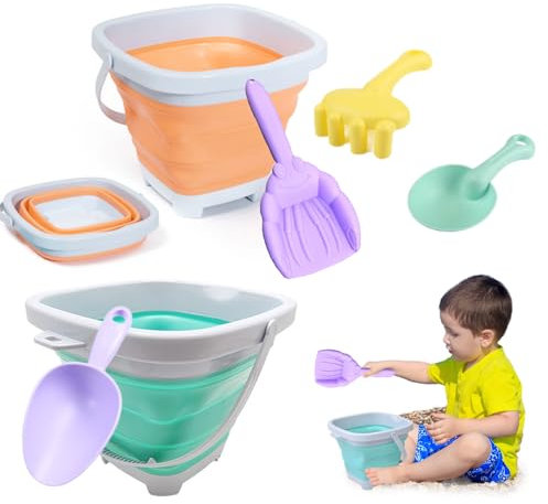 Bucket and Spade Beach Set Kids - 6pcs Foldable Beach Bucket with Shovels and Rake, Collapsible Buckets and Spade Kids Beach Play Sand Pail Buckets with Handle, Sand and Water Outdoor Fun Tools