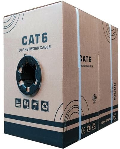 JUSTOP Carrete de cable CAT6 de 305 m AWG23 Ethernet LAN UTP Roll Bulk CAT 6 CCA, cubierta de polietileno de grado externo para interiores y exteriores, cable de red de 1000 pies (negro)