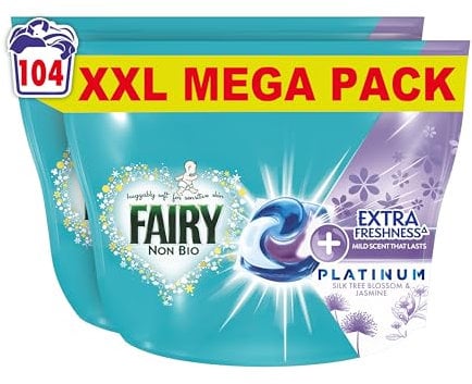 Fairy Non Bio Platinum PODS® Washing Liquid Capsules, 104 Washes (52x2), Silk Tree Blossom & Jasmine, With Extra Freshness For Sensitive Skin