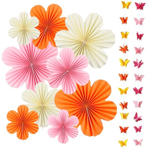 XIATIAN Paper Party Decorations, 11 Pcs Pink Orange Hanging Paper Pom Poms Flower Papers Fan Decoration with Butterfly Wreath, for Weddings, Baby Shower, Spring Summer Tea Party