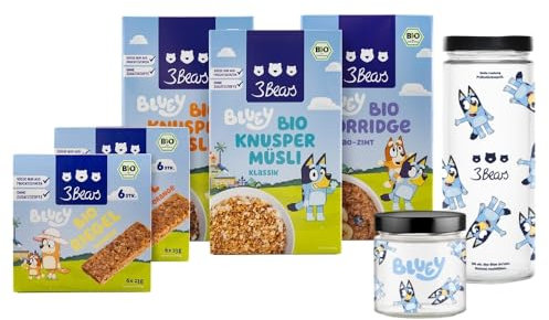 3Bears Bluey Lover-Set | Bio Knuspermüsli, Porridge, Müsliriegel, Vorratsglas & Overnight Oats Glas | Veganes Frühstücksset | Ohne Zusatzstoffe