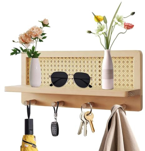 Generic Porte-Manteau Mural en Rotin, Étagère avec Crochets, Rustique Bohème, Bois, 100% Bois, Organisateur Mural pour Cuisine, Salle de Bain, Salon