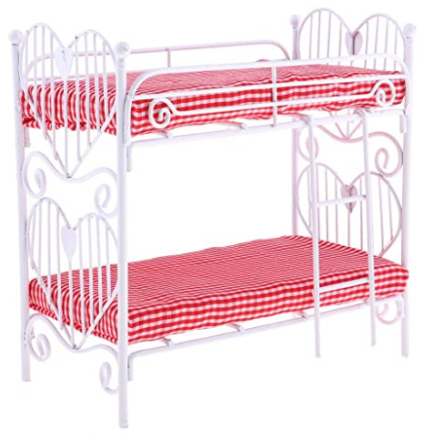 1/12 Dollhouse European Doppelbett mit Dekorationszubehör, Rotes Plaid, 12 ..