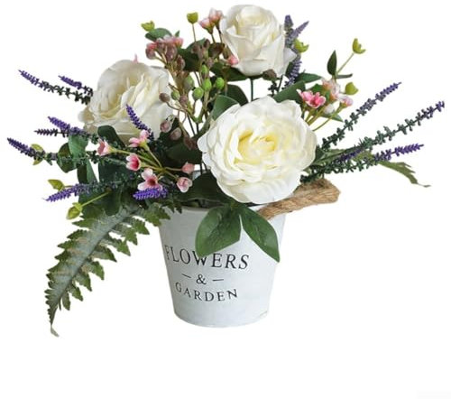 ZAMETTER Flor artificial vintage de hierro en maceta con adornos en maceta de simulación (blanco)