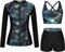 Kate Kasin Maillot de bain 3 pièces à imprimé floral pour femme avec fermeture éclair - Protection solaire - Tankini pour sports nautiques - Pour le surf et la natation, Feuilles de palmier noires, XL