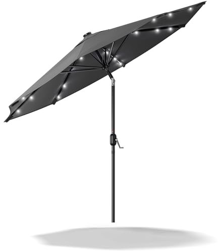 XEMQENER 3M Garden Parasol with Solar Powered Lights, Large Garden Umbrella Parasol with Tilt and Crank Handle, Outdoor Garden Table Parasol for Party, Camping, UPF 50+, 300x300x240 cm, Dark Grey