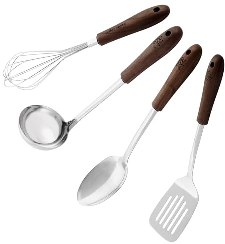 Stanley Rogers Küchenhelfer Set Black Walnut 4-teilig – Schöpflöffel, Schlitzwender, Servierlöffel, Schneebesen mit ergonomischem Griff aus schwarzem Walnussholz