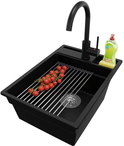 PRIMAGRAN Fregadero Granito Negro 38x53cm, Fregadero Cocina 1 Seno + Sifón + Grifo 32x20cm + Enrollable Escurridor, Fregadero sobre encimera al mueble 40cm - Oslo Pocket