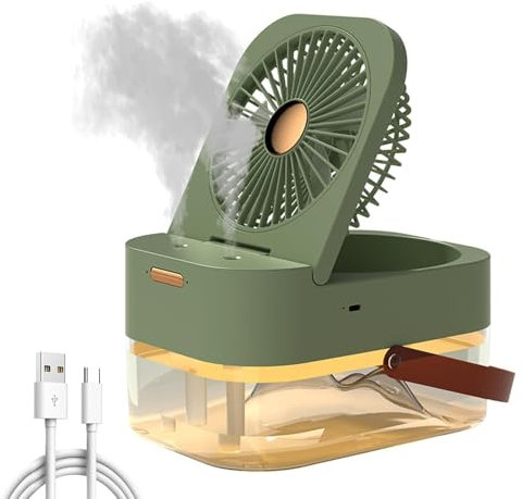 Justup Tischventilator, 3 in 1 - USB Ventilator mit Luftbefeuchter und Nachtlicht, 1200mAh Akku 3 Geschwindigkeit Kleiner Ventilator, 2.5L Desktop USB Ladebefeuchter für Büro und kleinen Raum (Grün)