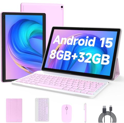 Tablet Android 15 da 10 pollici, tablet 2 in 1 con custodia per tastiera e pennino per mouse, 6 GB di RAM, 32 GB di ROM, 1 TB espandibile, processore Quad Core, WiFi, BT, schermo HD 1280 x 800, 6000