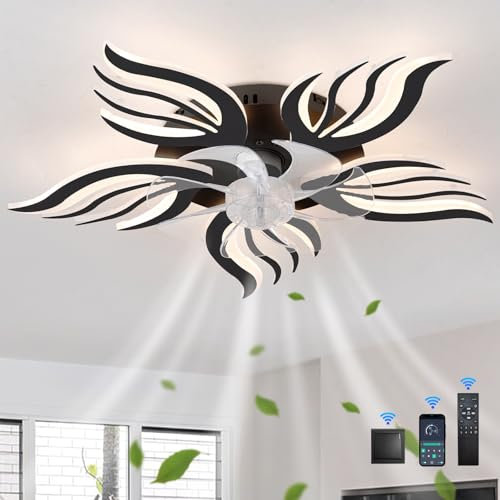 GWYAJTU Ventilador Techo Con Luz Con Mando A Distancia APP,LED Regulable Lámparas Con Función De Memoria,6 Velocidades Reversible Flor Ceiling Fan with Light Con Para Dormitorio, Negro