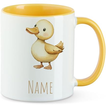 GRAZDesign Personalisierte Kinder Tasse mit Ente - Gelbe Kaffeebecher mit Namen Keramik 330ml