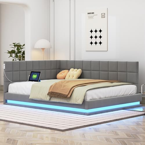 Lahoomu Polsterbett Schlafsofa 140 * 200 Multifunktionsbettmit LED Lichtleiste, USB Steckdose und Lattenrost, Hautsympathischer Samtstoff Grau