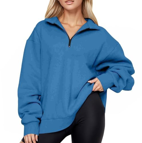 HUIFUAO Crewneck Sweatshirts Women Cotton V Neck Pullover Autumn Long Sleeve Tops Lightweight Shirts Solid Color Basic Blouse With Pockets (Z11 Blue, M)