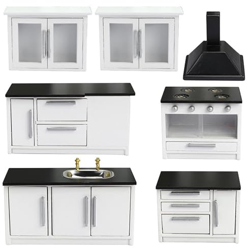 BEAHING Cocina de casa de muñecas, 7 Piezas/Juego de Muebles de casa de muñecas de Madera a Escala 1 12, Accesorios de de en Miniatura de simulación, Muebles en Miniatura