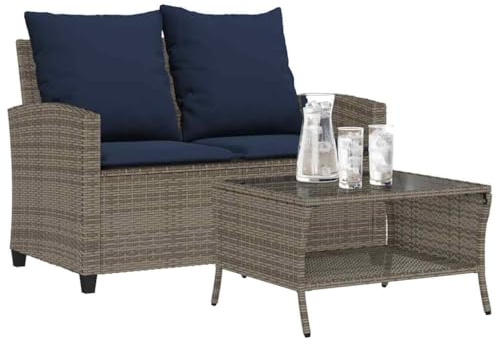 Teenpull Canapé de Jardin 2 Places Gris en résine tressée avec Coussins Bleu Marine et Table Basse en Verre trempé, mobilier extérieur Confortable et résistant aux intempéries pour Patio et terrasse