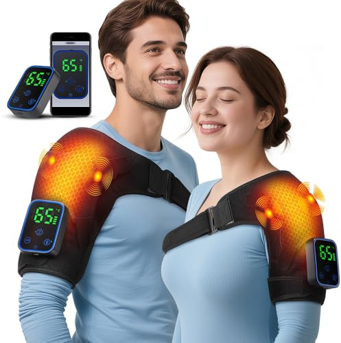 Kabellose Beheizte Schultermassageauflage mit App-Steuerung, 7-Stufiger Wärme(40℃-70℃), 3 Vibrations, 15/30/60 Minuten Timer, Touchscreen-Steuerung, 5000mah-Akku, APP-Fernbedienung (2P)