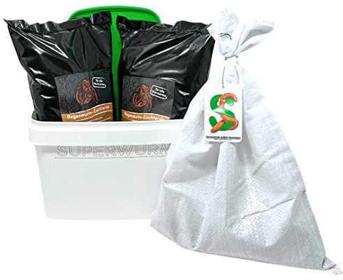 SUPERWURM Einsteiger Wurmzucht - Starter-Set mit 0,5 kg kleinen (ca. 550 St.) Riesen-Rotwürmer - Dendrobena, Angelwürmer, Futterwürmer, Regenwürmer, Würmer, Angelköder, Lebendköder, Wurmfarm