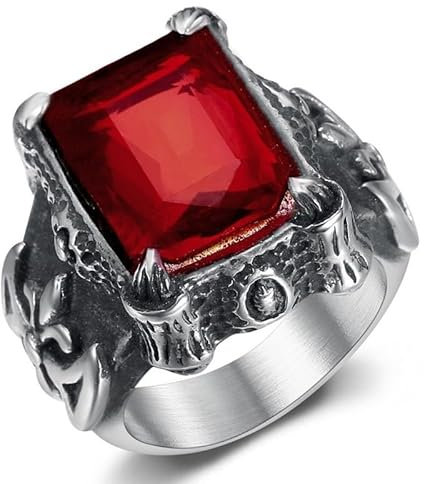 BOBIJOO Jewelry - Chevalière Templier Royaliste Fleur de Lys Biker Acier Rubis Rouge - 60 (9 US)