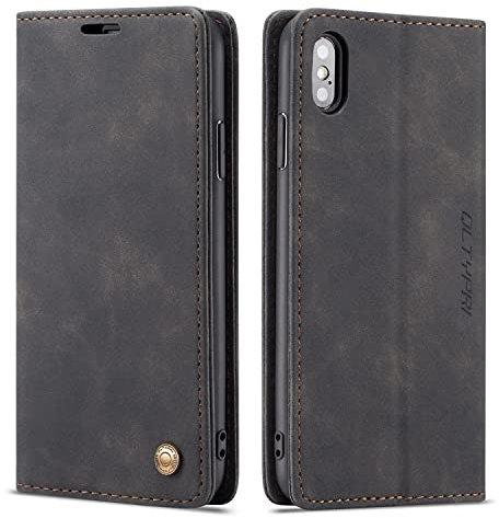 QLTYPRI Hülle für iPhone X XS, Vintage Dünne Handyhülle mit Kartenfach Geld Slot Ständer PU Ledertasche TPU Bumper Wallet Case Flip Schutzhülle Kompatibel mit iPhone X XS - Schwarz