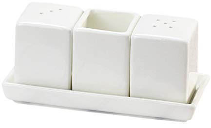 Sizikato Juego de 4 saleros y pimenteros de porcelana blanca pura y soporte para palillos de dientes y bandeja.