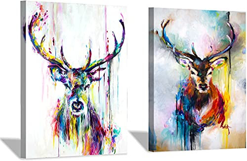 MJEDC Hirsch Bild Auf Leinwand 2 Stück Bunte Hirsch Bilder mit Rahmen Leinwandbilder Wanddeko Wand Wohnzimmer XXL Deko Kunstdruck Wanddekoration (2 Stück, 30x40cm)