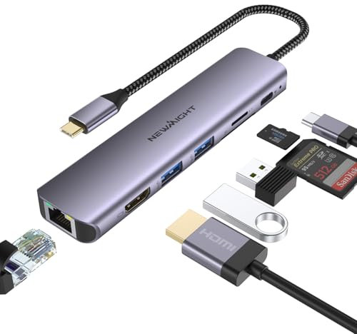 Newmight Hub USB C avec Ethernet 7 en 1 Adaptateur Type C avec HDMI 4K, 2 USB 3.0, 1G Ethernet, Port PD 100W, Lecteur de Carte SD/TF, pour Macbook iPad Dell Surface HP et Plus Encore