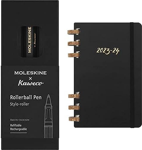Moleskine x Kaweco Tintenroller, Farbe Schwarz + Akademischer Monatsplaner 2023-2024, 12-Monats-Wochen-und Monatsplanner, Universitätskalender mit Festem Einband, Größe: L 15 x 21 cm, Schwarz