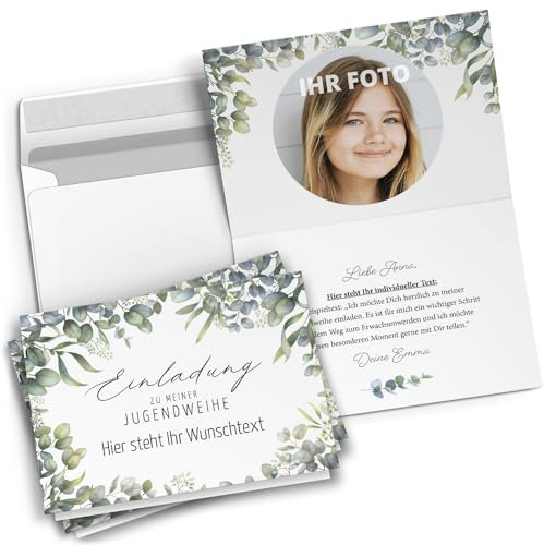 10 personalisierte Jugendweihe Einladungskarten mit eigenem Text und Foto - Eukalyptus Modern Mädchen Junge - Einladungen mit Umschlägen