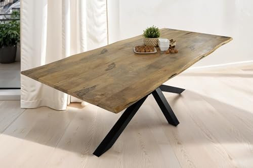 SAM Esstisch Tiger 220 x 100 cm, Mangoholz massiv & naturfarben, Baumkantentisch mit Spider-Metallgestell in Schwarz, echte Baumkante, Esszimmertisch in Vintage-Optik