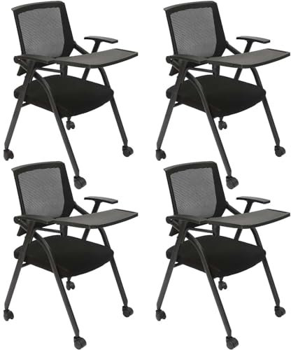 SHAIRMB Chaise Empilable Pliable, Fauteuil à Tablette, Chaise avec Droitier Bras pour Tablette, Maille Noire Fauteuil à Tablette, Engrener RéCeption des InvitéS Chaises Empilables,Noir,4pcs