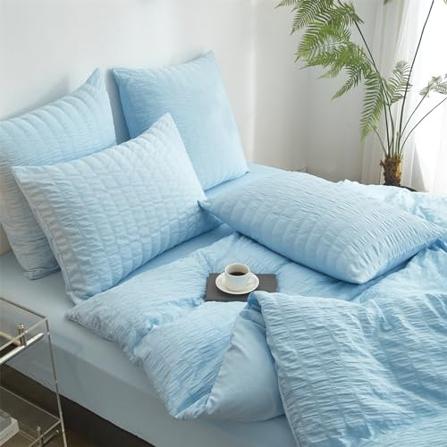 YASMENG Seersucker Bettwäsche 135x200 Blau Gestreift Bettwäsche Seersucker Modern Bettwäsche Mikrofaser Weich Atmungsaktiv Bettbezug Set 2teilig mit Reißverschluss und 80x80 cm Kissenbezug