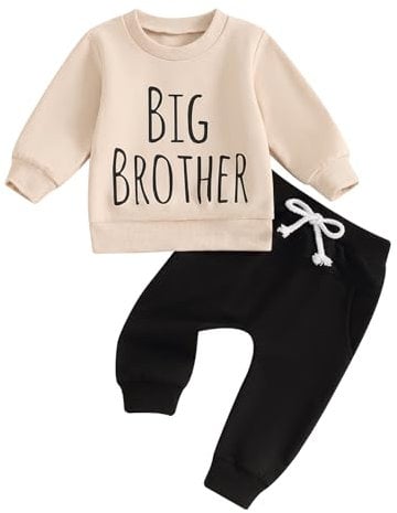 Toddler Boy Fall Outfit Clothes Long Sleeve Big Brother Letter Print Jumper Top Drawstring Trouser Set Infant Baby Winter Tracksuit (Black, 12-18 Months)