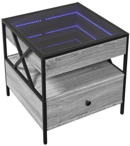 vidaXL Table Basse - Gris Sonoma Ingénierie Bois/Verre/Métal - Miroir Infini LED - Table d'appoint/canapé - 50 x 50 x 51 cm