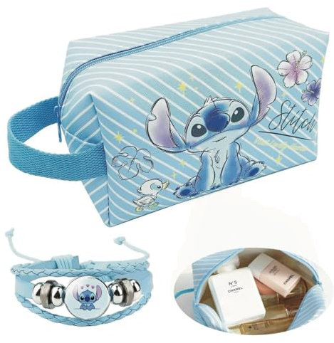 Fokroin Trousse de Toilette, Trousse à Maquillage, Trousse de Toilette Femme, Cartoon Makeup Bag, Trousse de Toilette Stitch, Trousse de Toilette Stitch Fille, avec Bracelet tress