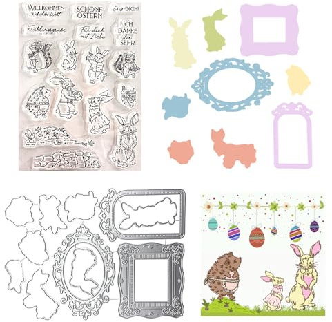 YELYTR Ostern Schneiden Stempel und Stanzen Set, Osterhase Scrapbooking Prägeschablonen, Kaninchen Silikonstempel und Stanzschablonen, für DIY Geburtstage Kunst Grußkarten, Kunsthandwerk
