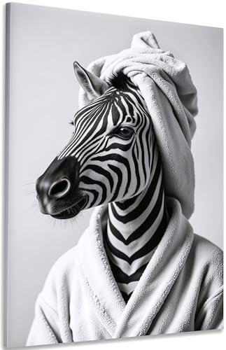 DecoMe Wandbild 60 x 40 cm XXL Zebra Spa - Lustig Bad Toilette Wanddeko Bild - Leinwand Holz Zimmer Deko Aesthetic Room