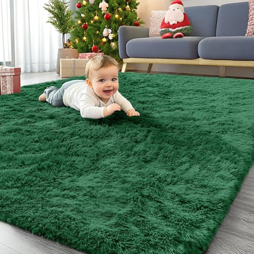 Homaxy Hochflor Waschbar Groß Teppich Wohnzimmer 160 x 220 cm, Dunkelgrün | Anti-Rutsch Unterseite Teppiche, Flauschig Teppich fürs Kinderzimmer, Schlafzimmer