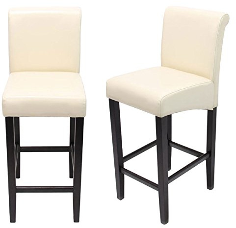 PROREGAL 2er-Set Barhocker gepolstert mit Lehne Sitzhöhe 75cm Holz Creme dunkle Beine Leder Barstuhl Tresenhocker