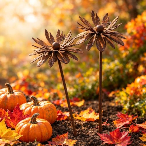 JACKANNA Herbst Deko,2er Set Herbstdeko Draußen,Gartendeko für Wetterfest | Herbstdeko Draußen, Gartenstecker Rost Deko Draussen 60cm -Balkon Deko Gartendeko Vintage Metall - Blumenstecker Edelrost
