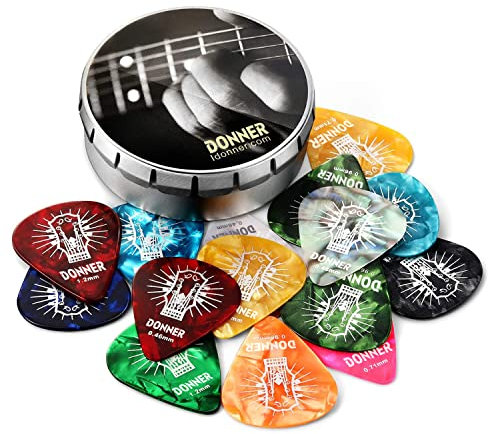 Celluloid Guitar Picks, Donner 16pcs Guitar Plectrum Including Thin, Medium, Heavy & Extra Heavy Gauges (0.46mm-1.2mm)