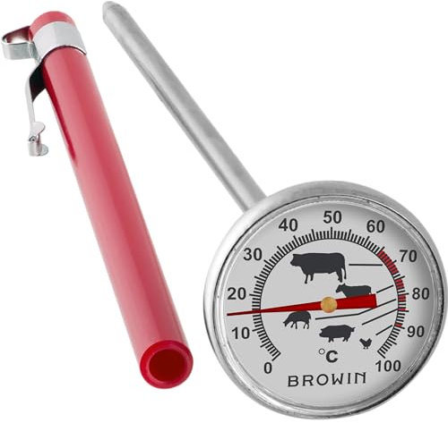 BROWIN® Analog Bratenthermometer mit Etui 100200 | 0-100 °C Grillthermometer | Garthermometer aus Edelstahl | Fleischthermometer für Backofen, BBQ und Grill | Kerntemperaturmesser für Fleisch